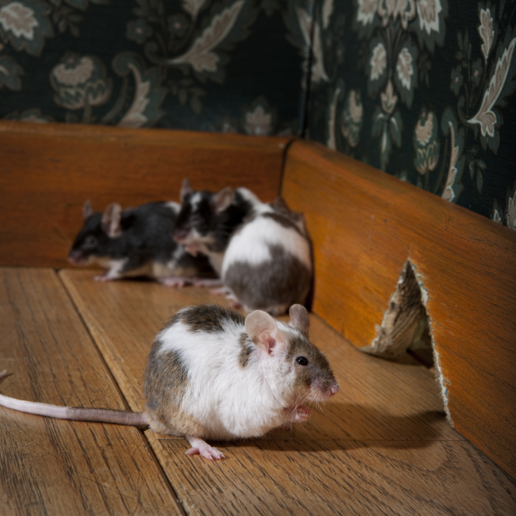 three black, brown and white mice with longs tails standing outside a mouse hole.  